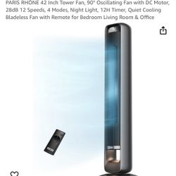PARIS RHÔNE 42 Inch Tower Fan, 90° Oscillating Fan with DC Motor, 28dB 12 Speeds, 4 Modes, Night Light, 12H Timer, Quiet Cooling Bladeless Fan with Re