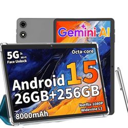 Android 15 Tablet with Case, Pen and Charger, 26GB RAM+256GB ROM(2TB Expand), 10 inch tablet with 8000mAh Battery, 2.4G/5G WiFi, Dual Camera