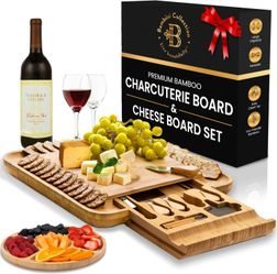 Bambüsi Charcuterie Cheese Board Set w/ Hidden Utensil Drawer – 13” Real Bamboo