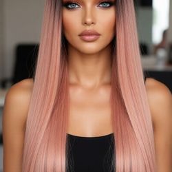 Ombre Pink Long Straight hair Wig