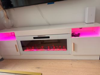 White TV Stand with Electric Fireplace and LED Lights(16 Color LED Light System)