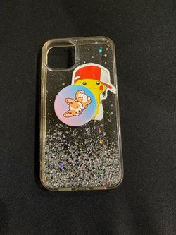 iPhone 13 phone case with pop socket and silver glitter. Sticker and pop socket can be removed - used