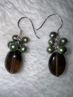 Vintage Sterling Smokey Quartz & Peacock Pearl Dangle Earrings