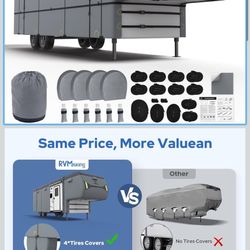 RVMasking 5th Wheel RV Cover, 40'1"-43' Heavy Duty 7 Layers Top Fifth Wheel Cover with 4 Tire Covers, Windproof Rip-Stop Anti-UV Trailer Cover, Dark G
