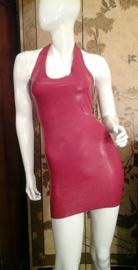 red latex dress Floor Length Gown Dark Virtue Designs with poppers on the neck Maya Jama's racy red skin-tight