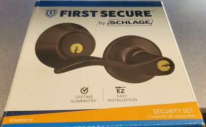 Schlage First Secure Security Set - Door handle and deadbolt (Presley lever) aged bronze