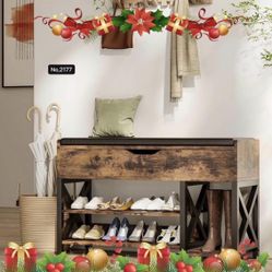 35.4"W Shoe Storage Bench with Cushion, Entryway Bench with Shoe Rack Shoe Organizer, Brown