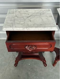 Antique Victorian Harp Side Tables w/Marble Tops