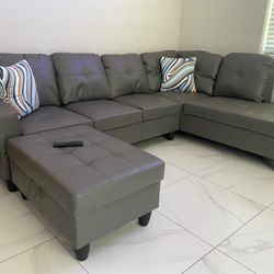 NEW🔥Dark Grey Sectional Couch Set w/ Ottoman (Right Chaise)