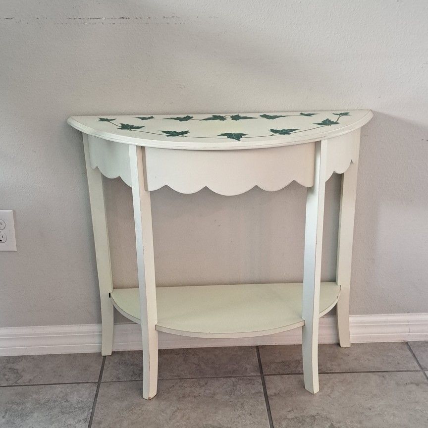 Beautifully Handpainted Green Leaves On Wooden Beige Half Moon Console Table