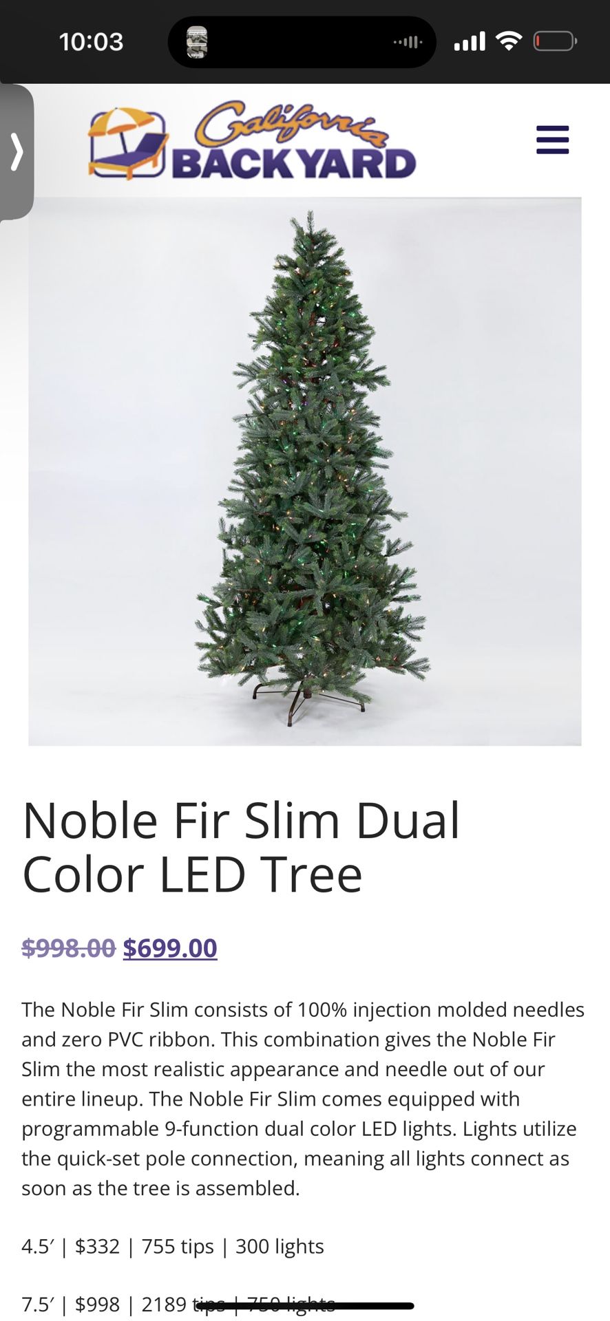 7.5 ft Slim Noble Fir Christmas Tree – Pre-Lit –