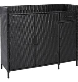 New Assembled Wicker Outdoor Storage Cabinet with Tempered Glass Tabletop