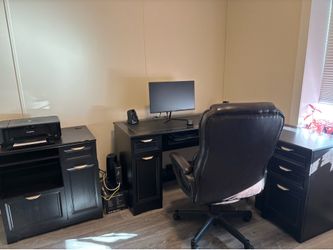 3-piece Magellan workspace 59 inch L-shaped computer desk with office chair.