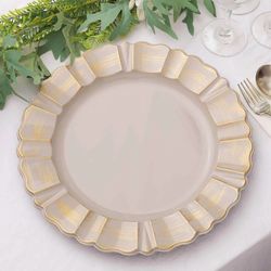 Acrylic Plastic Charger Plates 13" Round Nude Taupe with Gold Brushed Wavy Scalloped Rim - Dinner Charger Tableware