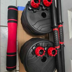 Adjustable Dumbbells, approx 56LB Weight Set with Connector, Used as Barbell, Weight Plates Used few times. In good condition. 8x 3KG plates 2x bars 1
