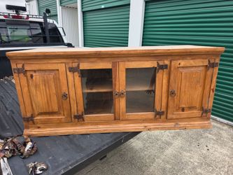 Rustic Wood TV Console Cabinet with Glass Doors