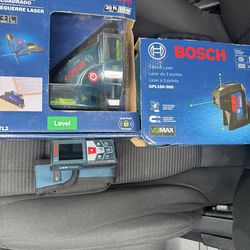 Bosch laser measure, 3-point laser, laser lever square, 7” grinder