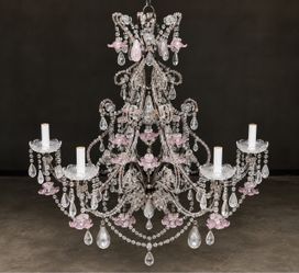 Vintage Handmade Crystal beaded Chandelier Pink and White Handblown Flowers
