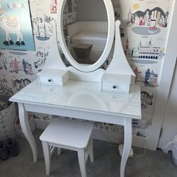 White Vanity with Mirror and Bench