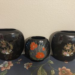 Vintage Japanese Vases - Set of 3 Japanese Vases with Peacock and Floral Design