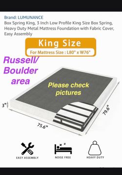 Brand new Lumunance 3 Inch Low Profile King Size Box Spring, Heavy Duty with fabric cover. Russell/Boulder area