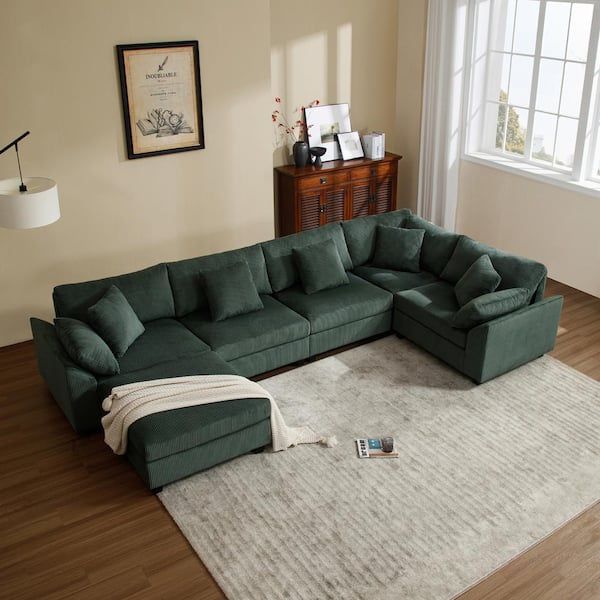 150 in. Modular Cloud Couch Corduroy U-Shaped Sectional Sofa with Storage for Living Room Apartment Office Green