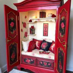 Custom Order Option: Antique Upcycled Armoire Reading Nook Adults & Kids Book Storage Study Area Romantic Hearts Fairy Lights Cushion Bench