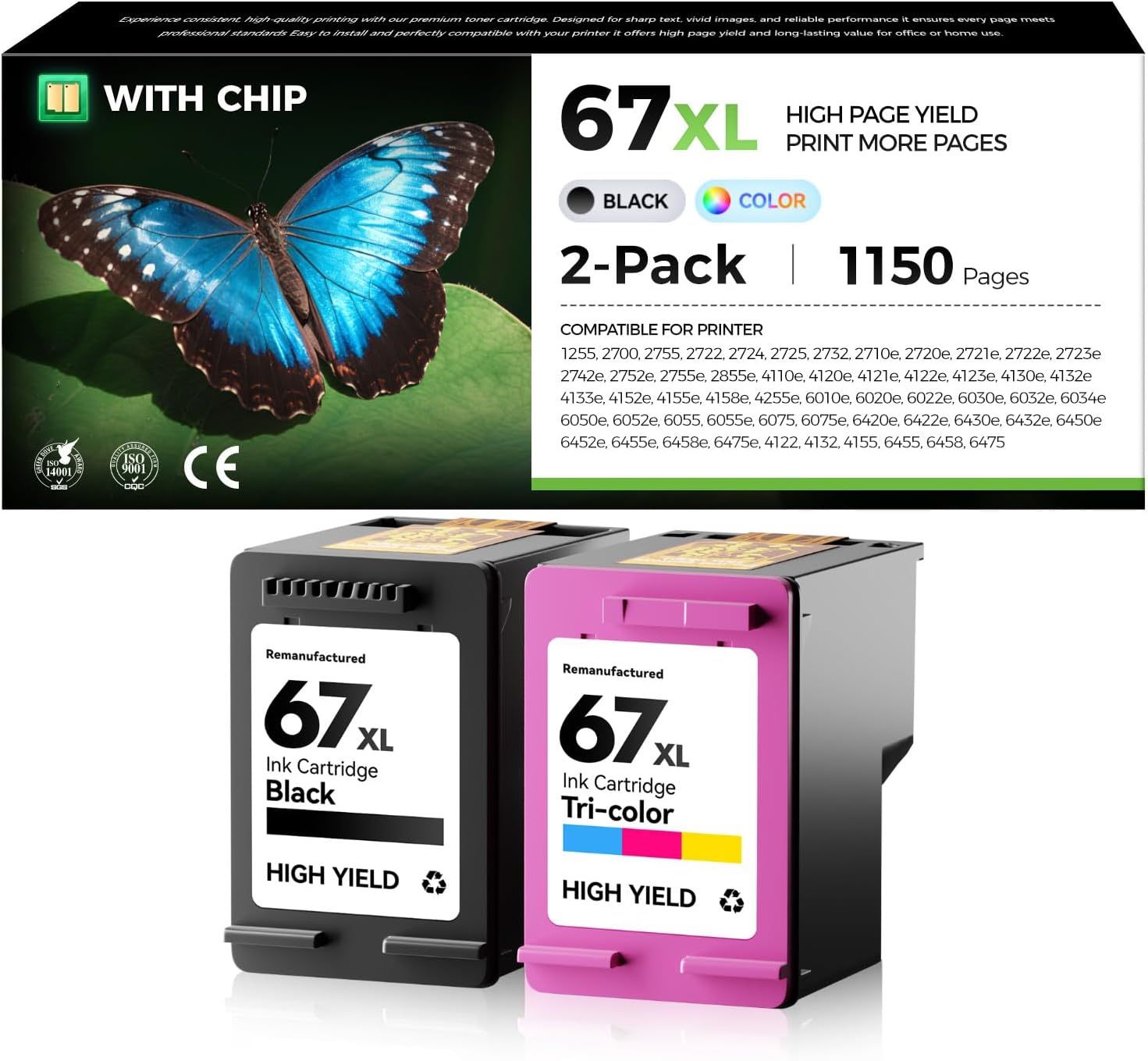 KingkI 67XL Compatible Black & Tri-Color Ink Cartridges (2-Pack)