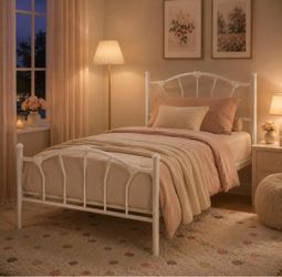 Twin Metal Bed Frame, Heart-Shaped Platform Bed, White Twin platform bed with heart-shaped headboard and footboard, 12.5-inch clearance, metal slats, 