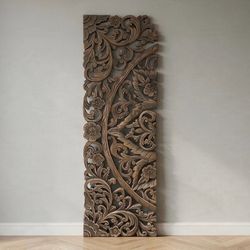 Vintage Hand Carved Wood Wall Panel Floral Openwork Relief Plaque Bali Thai Boho 72x23.5x1.25in