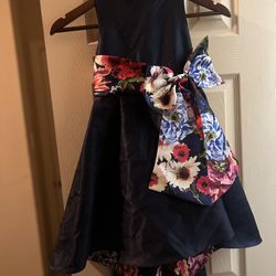 Rare editions navy blue with flower print detail and bow toddler dress size 5