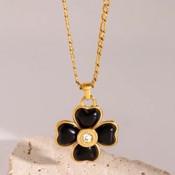 Gold Clover Flower Pendant Necklace – Black Enamel with Crystal