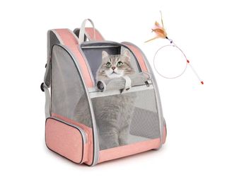 Cat Backpack Carrier, Large Pet Carrier Backpack with Kitten Wand Feather Toy for Medium Small Dog Cat Puppy Kitty Bunny up to 15lbs, Ventilated Mesh 