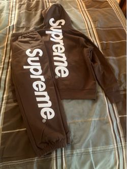 Brown Supreme satin appliqué sweat suit