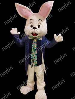 White Bunny Mascot Costume with Dark Jacket for Sale