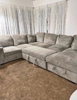 Large Gray Corduroy Sectional Sofa with Storage