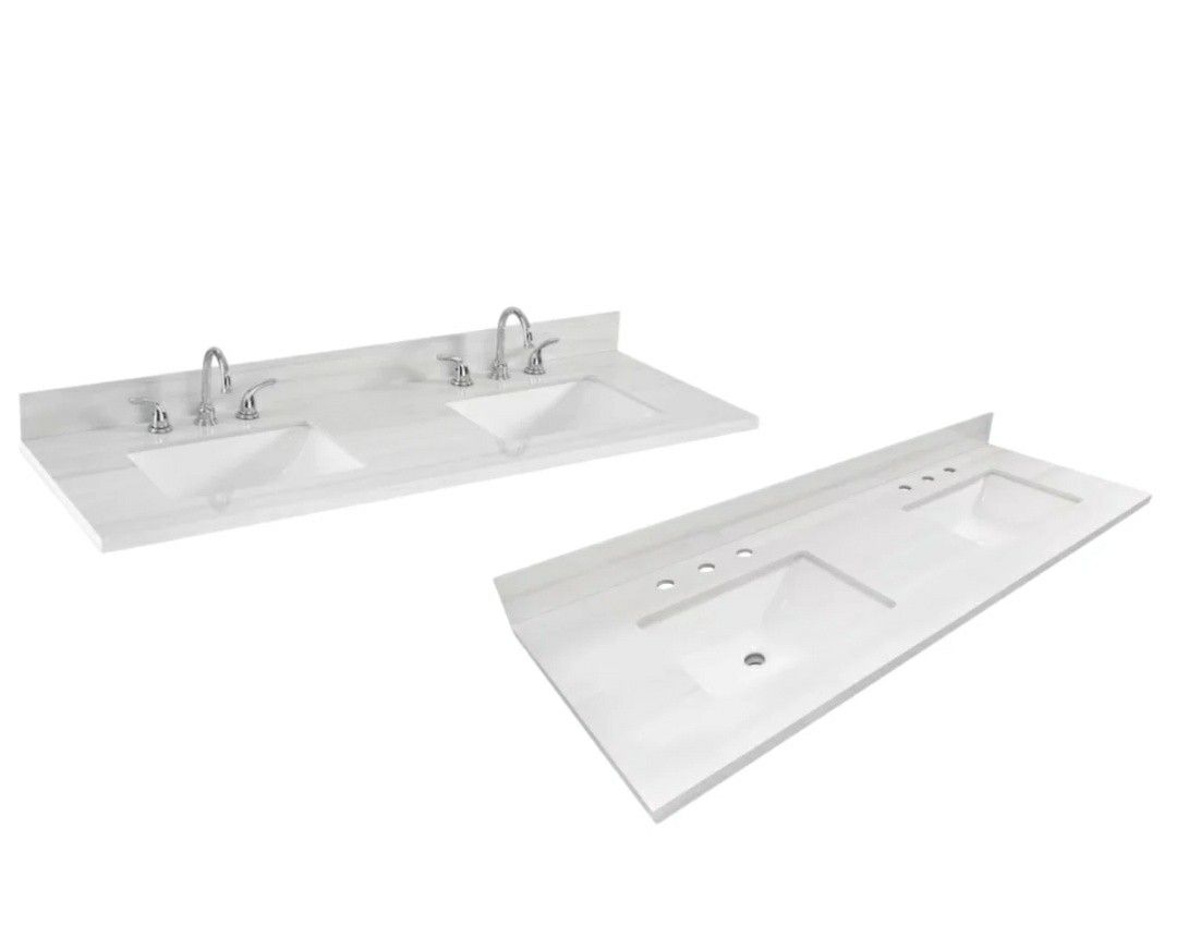 Dolomiti Bianco 61" X 22" White Sintered Stone  Undermount Double  Sink 3 Hole Vanity Top