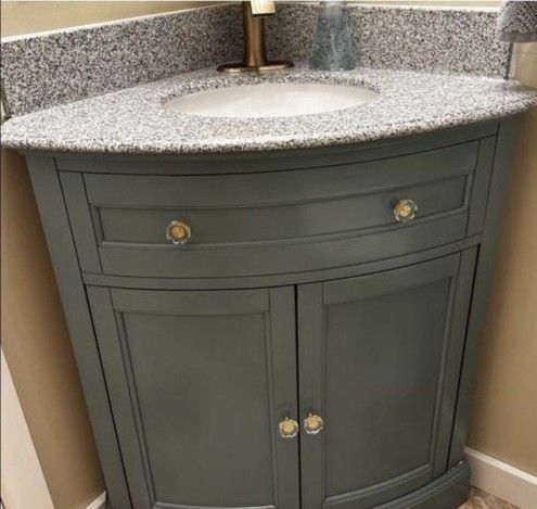 Bathroom Vanity Home Decorators Collection Hamilton 31 in. W x 23 in. D Corner Bath Vanity in Grey with Granite Vanity Top in Grey with White Sink
