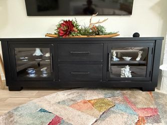 Black Wood TV Console with Glass Doors