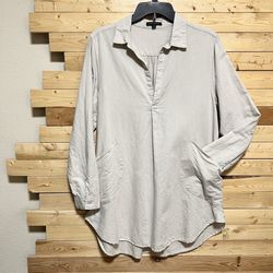 For Cynthia Women’s Beige Linen Cotton Blend folded Long Sleeve Tunic Top Size L