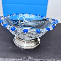 Imperial Candlewick Sterling Silver Base Bowl Blue Beaded Handles & Rim