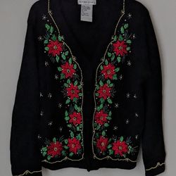 VJ VTG Sweater M Christmas Poinsettias Black Beaded Pearls Button Up Cardigan