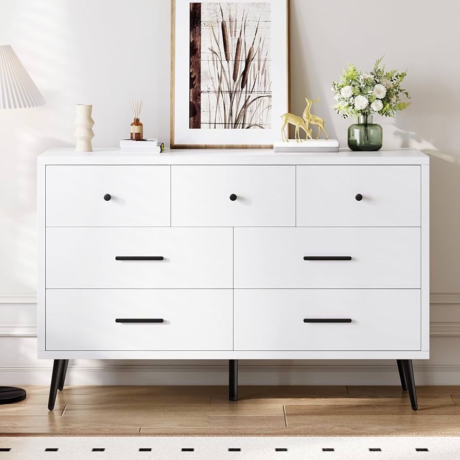 7-Drawer Dresser in White Wood with Black Metal Handles, Anti-Tip Safety Feature, Modern Storage Cabinet for Living Room, Hallway, or Entryway