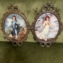 “The Blue Boy and Pinkie” Vintage Brass Metal Framed Pair Mid Century Wall Art