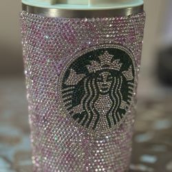 Stunning White Pink Rhinestone Decorated Insulated Coffee Mug ;Drink Through Lid