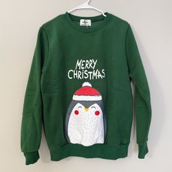 Women’s Christmas Sweatshirt Green Penguin Print, Holiday Pullover Size Small