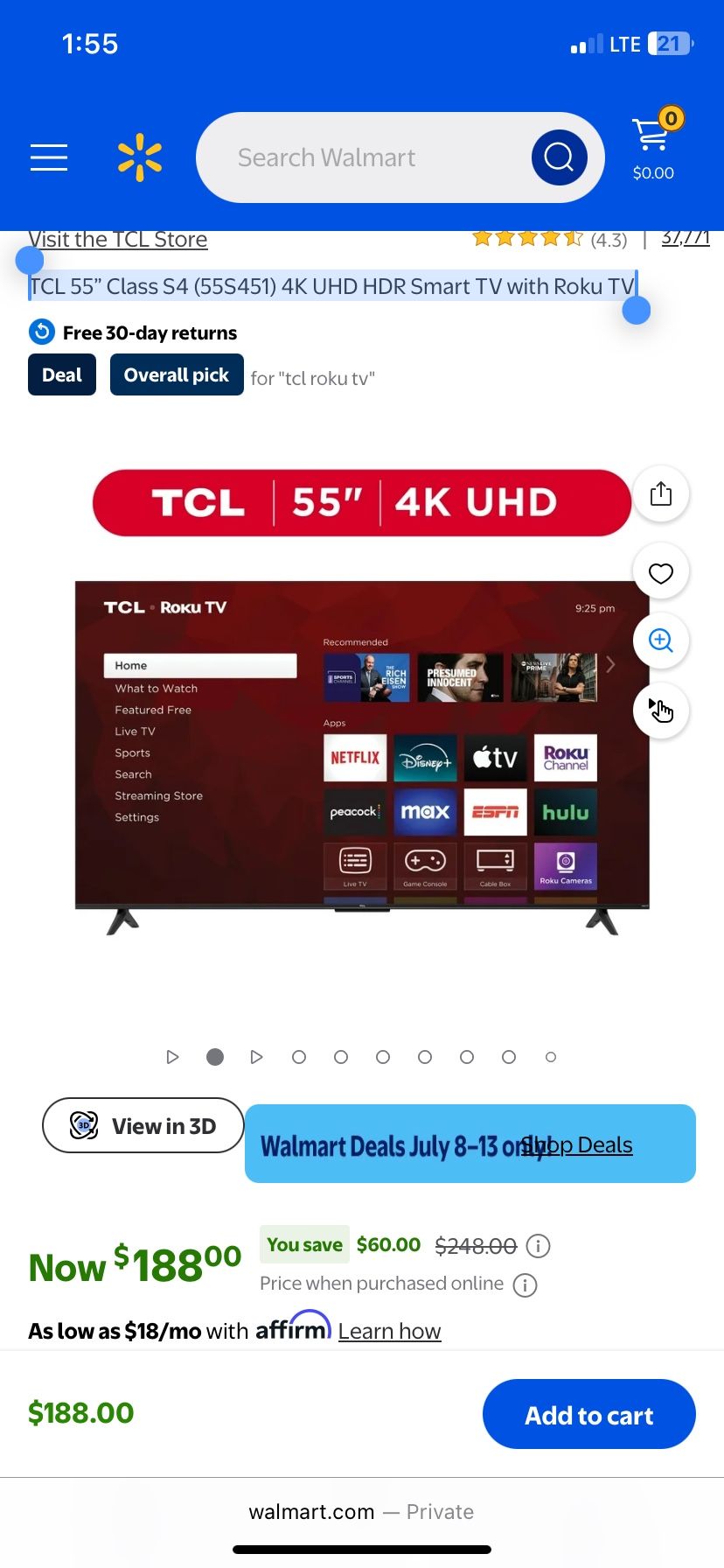 TCL 55” Class S4 (55S451) 4K UHD HDR Smart TV with Roku TV