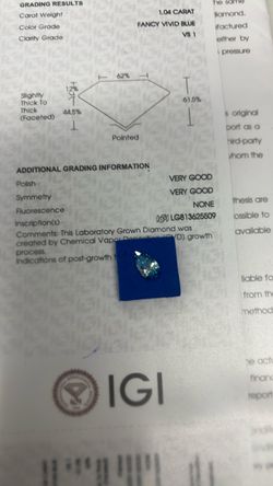 Lab Grown IGI Certified 1.04 Carat Diamond Fancy Vivid Blue VS 1 $350 OBO