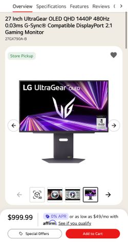 LG - UltraGear 27" OLED QHD 480Hz 0.03ms NVIDIA G-SYNC, AMD Freesync Premium Pro Gaming Monitor