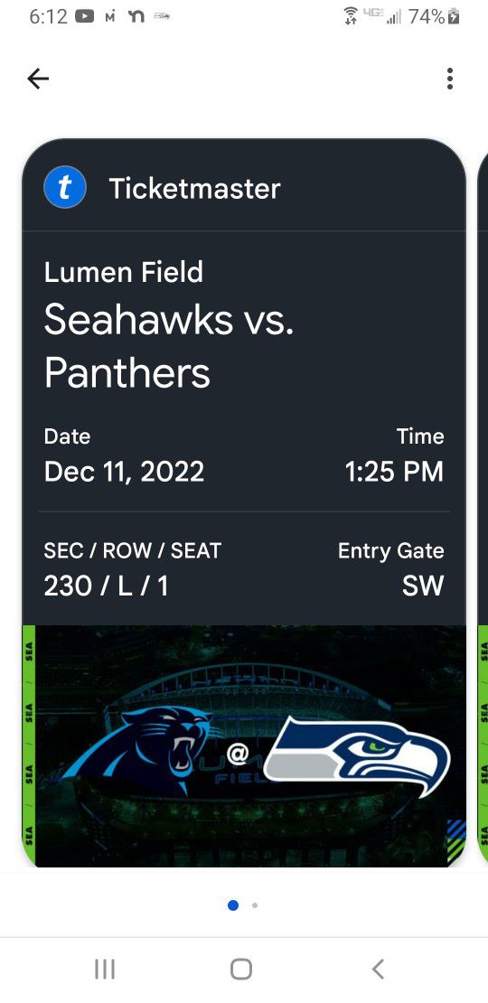 REDUCED.... PAIR OF SEAHAWKS TICKETS: Seattle Seahawks VS Carolina Panthers December 11, Section 230, Row L, SEATS 1 and 2